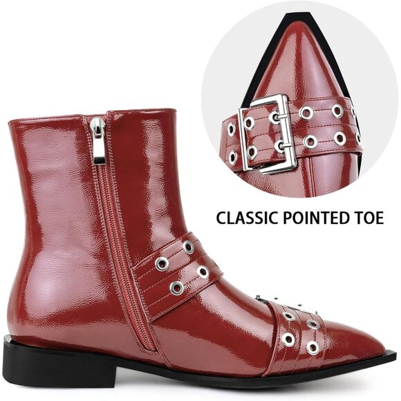 ⚡Women's Red Patent Halloween Ankle Boot Pointed Toe Chunky Heel Boots Buckles - Picture 4 of 6